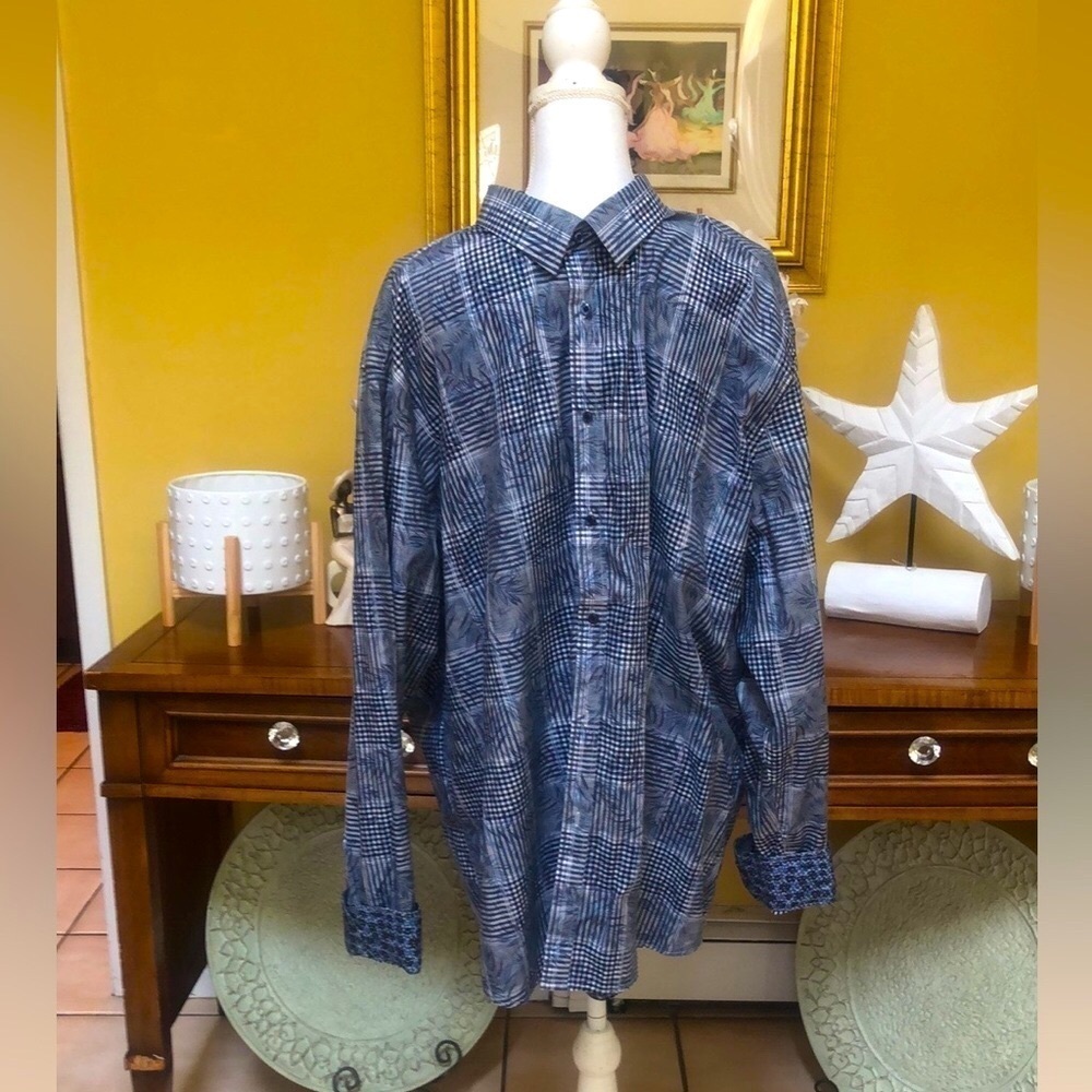 Inserch Icon Mens Navy Blue Leaf Print Long Sleeve Button Down Flip Cuff Shirt